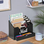 Large Solid Wood Desktop Mail Organizer with Drawer and 4 Compartments Labelable Dividers for Files Letters Paper Folders Desk Organizer for Home Office Students and Professionals