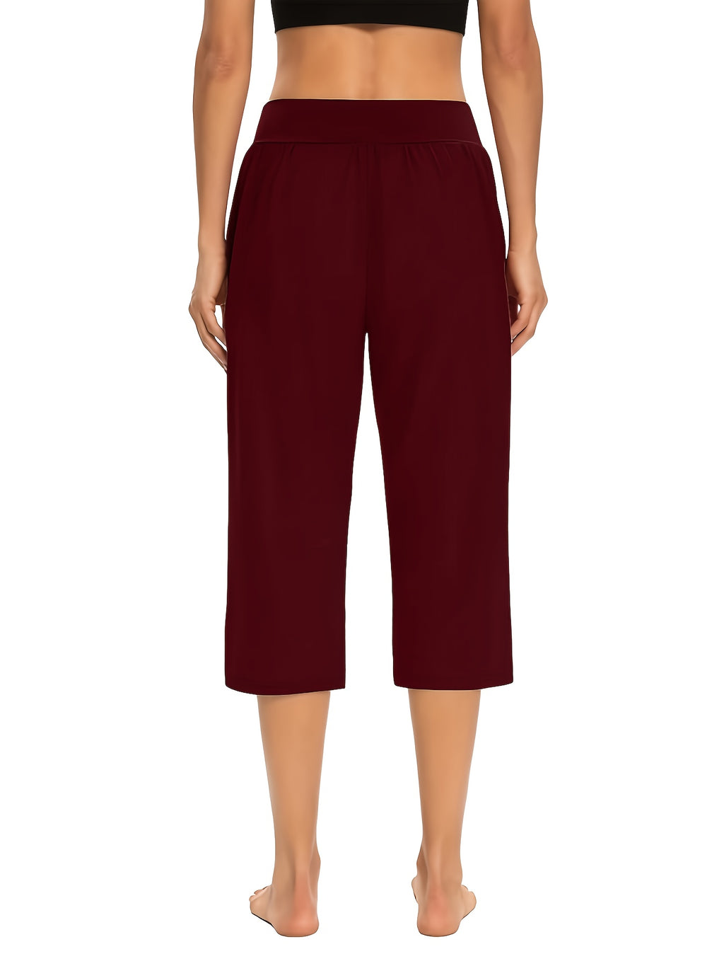 Women's High-Waisted Pull-On Cropped Pants – Stretchy Elastic Waist Lightweight Capri Pants with Pockets for Summer & Casual Wear