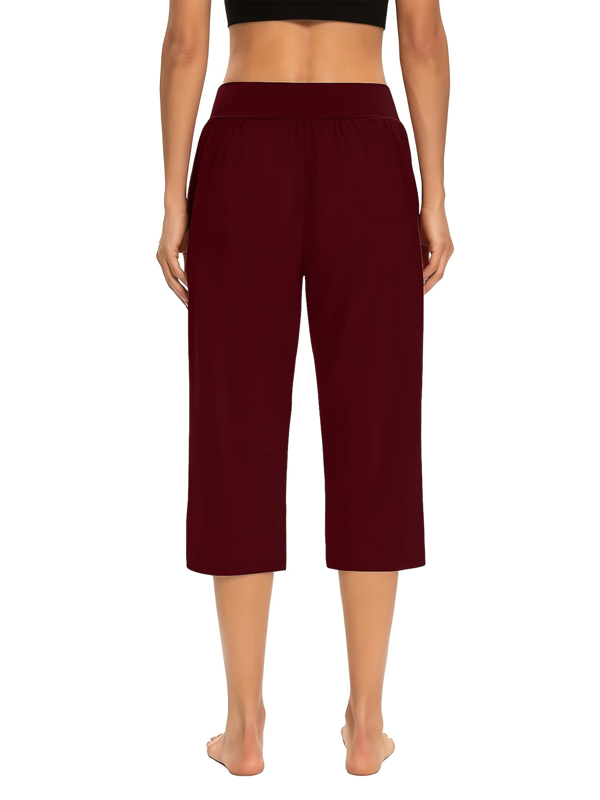 Women's High-Waisted Pull-On Cropped Pants – Stretchy Elastic Waist Lightweight Capri Pants with Pockets for Summer & Casual Wear
