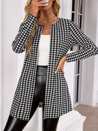 Houndstooth Open Front Cardigan Outwear Women Long Sleeve Loose Coat Spring Fall Fashion Black White Plaid Jacket Casual Streetwear