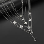 108pcs Women Jewelry Set Vintage Butterfly Heart Rhinestone Necklace Bracelet Anklet Ring Earrings Bundle Multi-Layer Chains Silver Fashion Jewelry Gift for Her