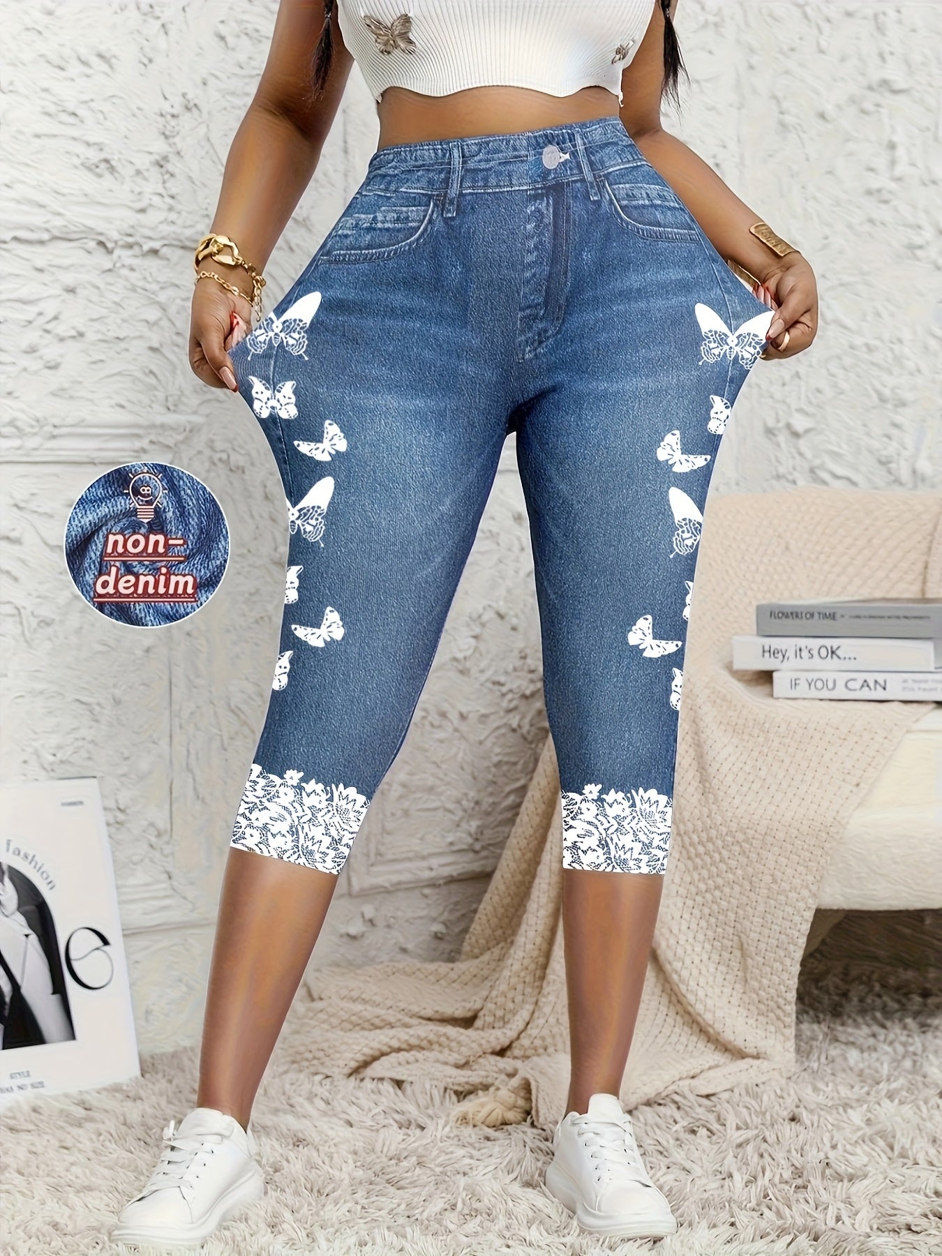 Women Faux Denim Print Leggings Capri Pants Stretch Tight Printed Cropped Pants Mixed Colors Blue Flower S M L XL XXL