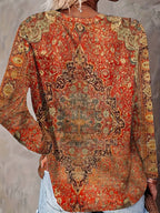 Women's Boho Persian Medallion Print Long Sleeve Top - Digital Floral Geometric Pattern Crew Neck Loose Casual Shirt, Vintage Ethnic Graphic Tee Orange Red S-XXL