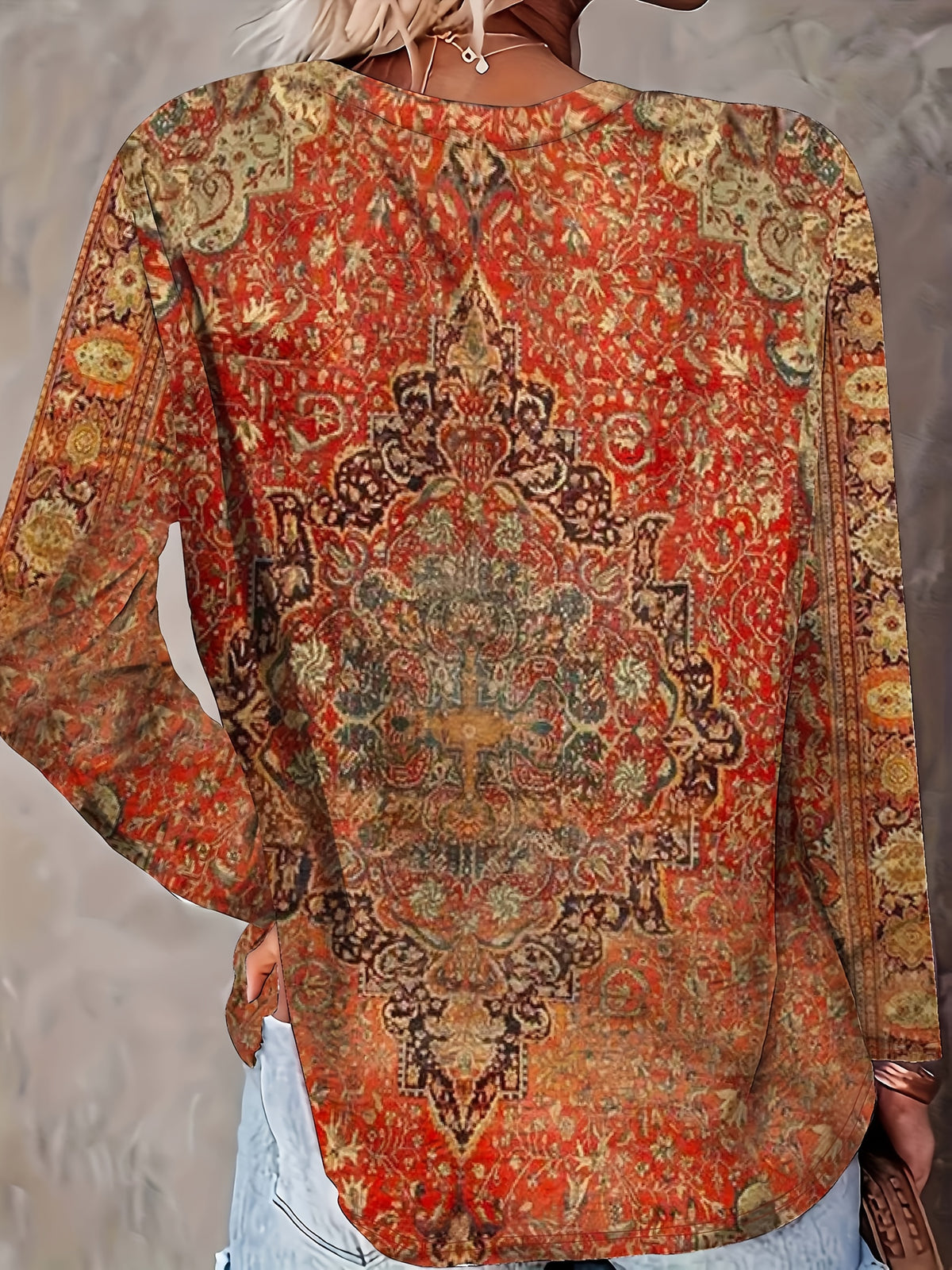 Women's Boho Persian Medallion Print Long Sleeve Top - Digital Floral Geometric Pattern Crew Neck Loose Casual Shirt, Vintage Ethnic Graphic Tee Orange Red S-XXL