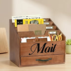 Large Solid Wood Desktop Mail Organizer with Drawer and 4 Compartments Labelable Dividers for Files Letters Paper Folders Desk Organizer for Home Office Students and Professionals