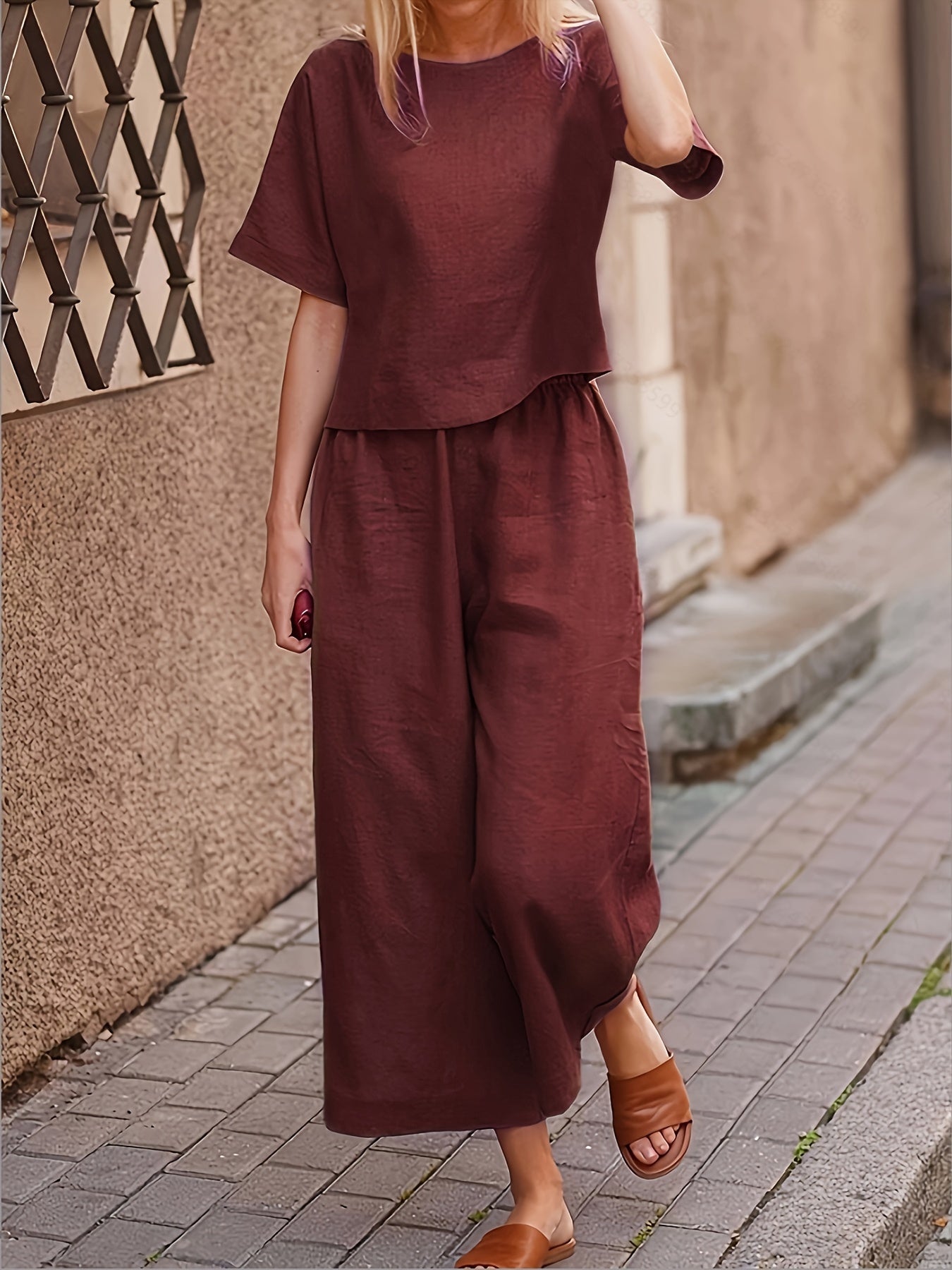 Women's 2 Piece Pantsuit Set Casual Elegant Solid Color Crew Neck Short Sleeve Top Wide Leg Pants All Season Wear Loose Fit Outfit S M L XL XXL
