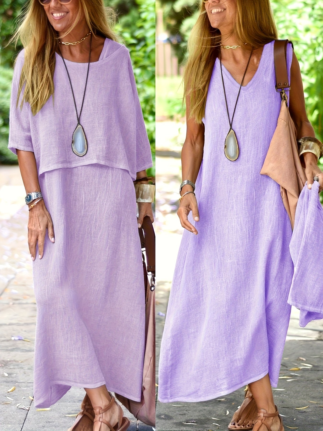 Women's Two Piece Set Casual Loose Top and Sleeveless Maxi Dress Summer Boho Outfit Black Khaki Sky Blue Slate Grey S M L XL XXL