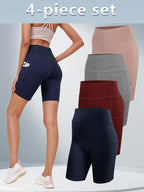 Women's High-Waisted Yoga Shorts 4-Pack Butt-Lifting 5-Pocket – Mid-Stretch Breathable Seamless Workout Shorts for Summer Yoga, Pilates & Gym Training (Red, Black, Gray, Navy Blue)
