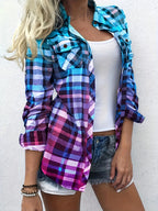 Women's Long Sleeve Plaid Shirt Gradient Color Block Print – Lightweight Button-Up Collar Casual Top with Chest Pockets, Machine Washable, Spring Fall Blouse Sizes S-XXL