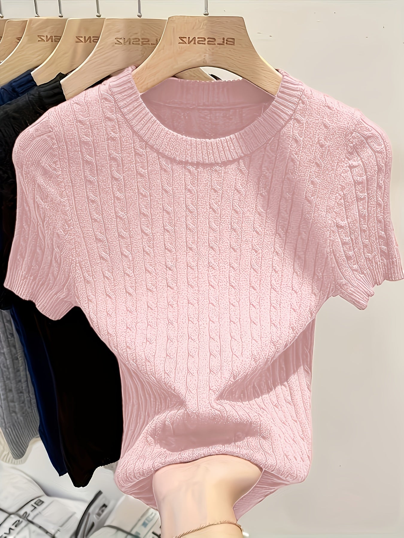 Women's Jacquard Short Sleeve Sweater Chic Cable Knit Round Neck Pullover Ribbed Hem Cuffs Lightweight Viscose Spring Summer Casual S M L XL XXL