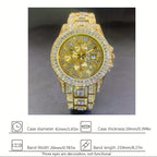 Luxury Iced Out Rhinestone Quartz Watch for Men & Women – Hip Hop Fashion Waterproof Auto Date Watch in Gold & Silver, Sparkling CZ Dial, Perfect for Parties & Everyday Wear