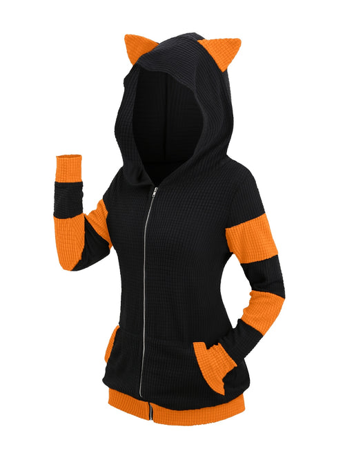 Cat Ear Hooded Sweatshirt Jacket Women Color Block Mid-Length Zip Up Hoodie Fall Winter – Thickened Warm Casual Outerwear S-XXL