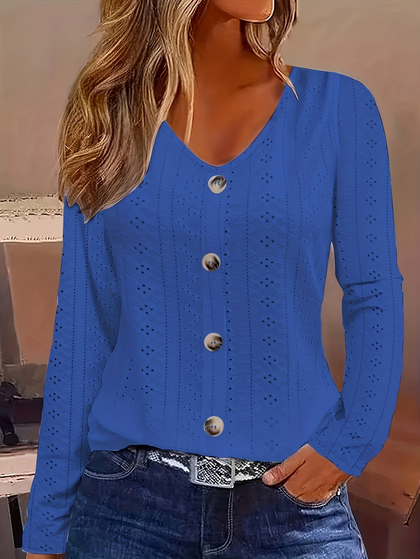 Women's Eyelet Solid V-Neck Button-Front Long Sleeve Blouse | Semi-Sheer Stretch Knit Casual Layering Top for Spring Summer Fall