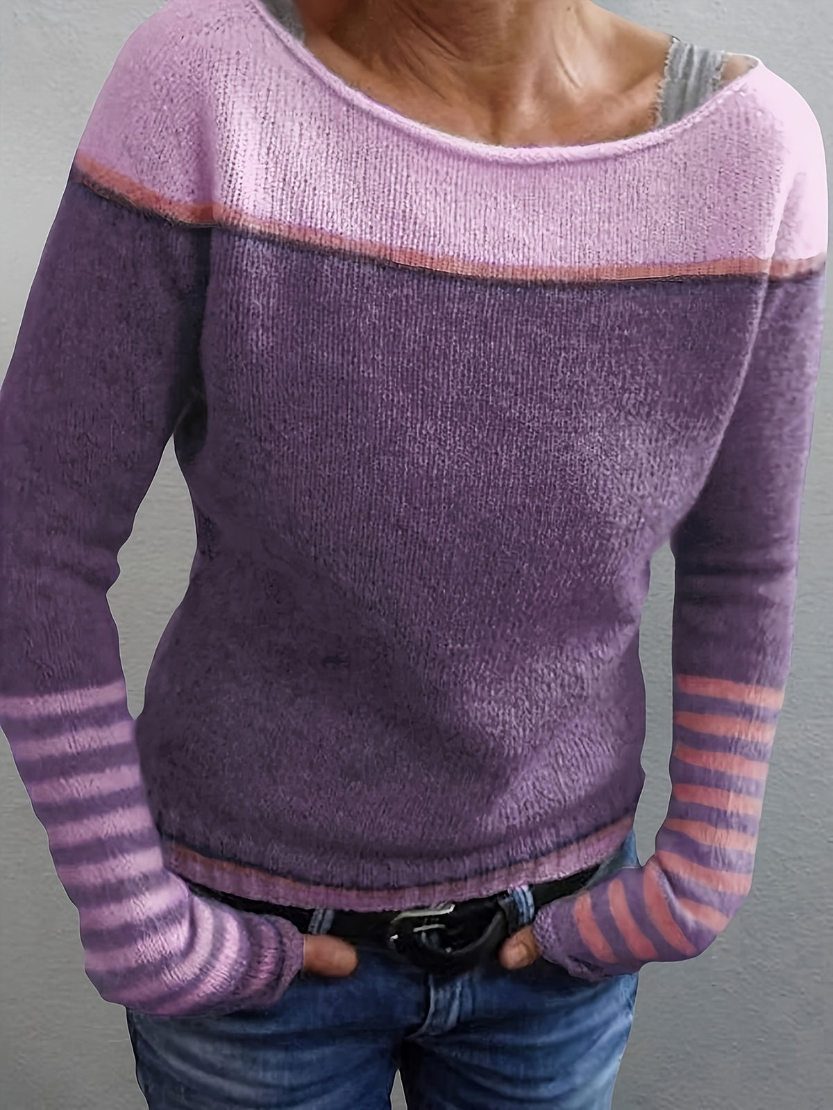 Women's Asymmetric Color Block Stripe Knit Sweater Long Sleeve - Off Shoulder Wide Neck Patchwork Pullover, Casual Chic Spring Fall Top in Grey Blue Green Purple S-XL