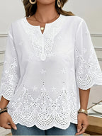 Women's V-Neck Floral Lace Contrast Shirt Elegant Woven Blouse for Spring Summer Fall Formal Casual Wear S-XXL