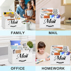 Large Solid Wood Desktop Mail Organizer with Drawer and 4 Compartments Labelable Dividers for Files Letters Paper Folders Desk Organizer for Home Office Students and Professionals