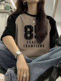 Women's Y2K Color Block Raglan T-Shirt - "85 League Champions" Varsity Graphic Print, Contrast Sleeve Crew Neck Casual Tee, Retro Streetwear Top Khaki Olive Green S-XXL