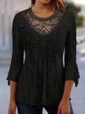 Women's Contrast Lace Trim Long Sleeve Blouse – Sexy Semi-Sheer Round Neck Elegant Pullover Top for Spring Summer Fall in Black, White & Orange-Red