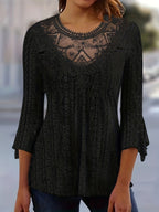 Women's Contrast Lace Trim Long Sleeve Blouse – Sexy Semi-Sheer Round Neck Elegant Pullover Top for Spring Summer Fall in Black, White & Orange-Red