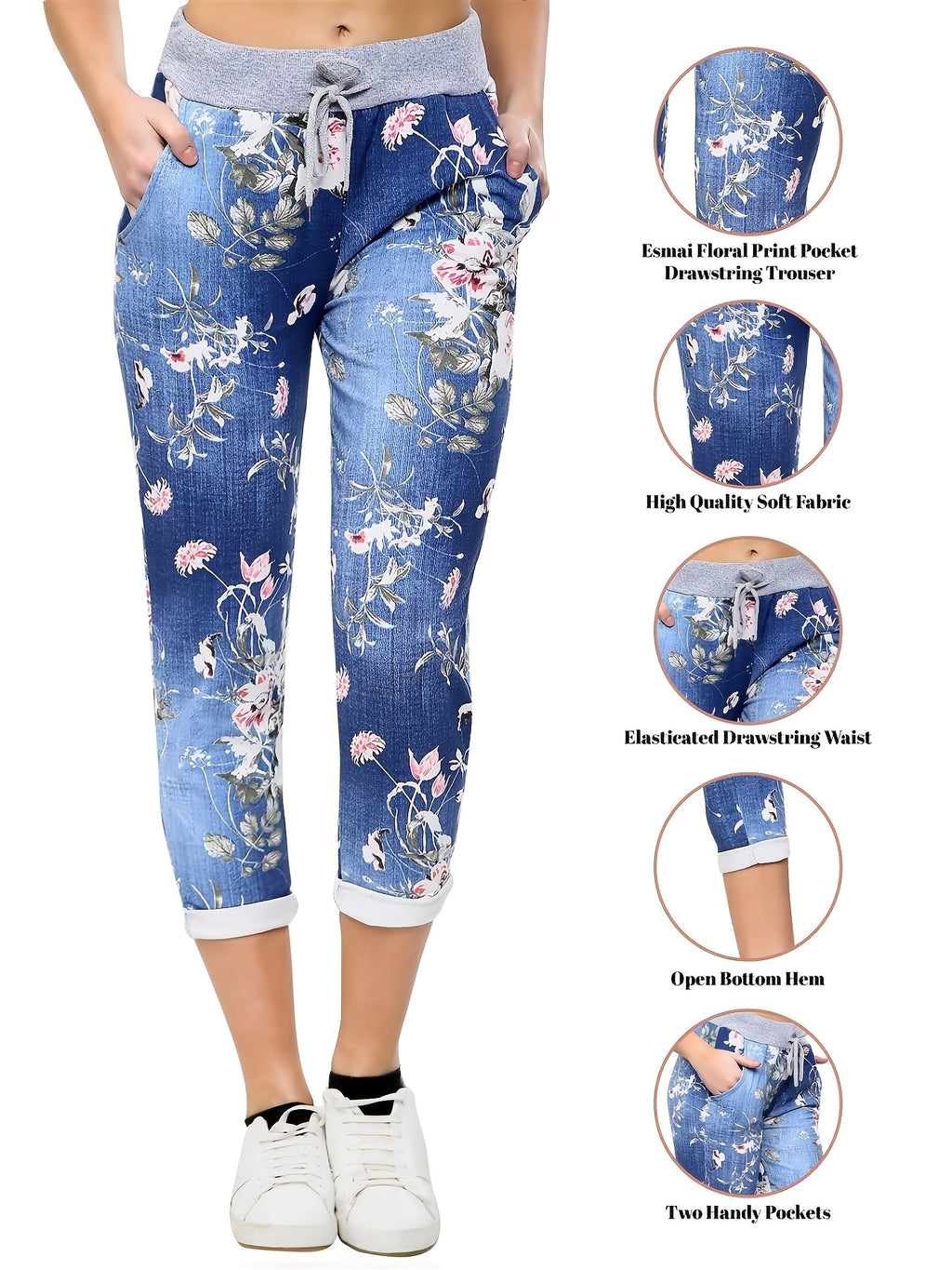 Floral Print Drawstring Capri Pants for Women - Boho Cropped Pants with Stretch Fabric, Spring Summer Fall, S-XXL