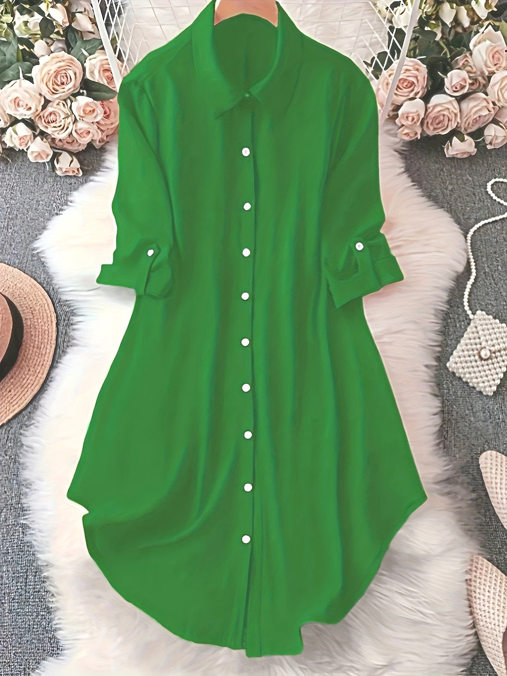 Women's Casual Lapel Shirt Solid Color Mid-sleeve Blouse All Season Versatile Loose Fit Button Down Top for Women