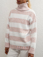 Women's Faux Mink High-Neck Sweater - Thick Loose Fit Striped Pullover | Warm Fall Winter Outerwear Base Layer Knit Top