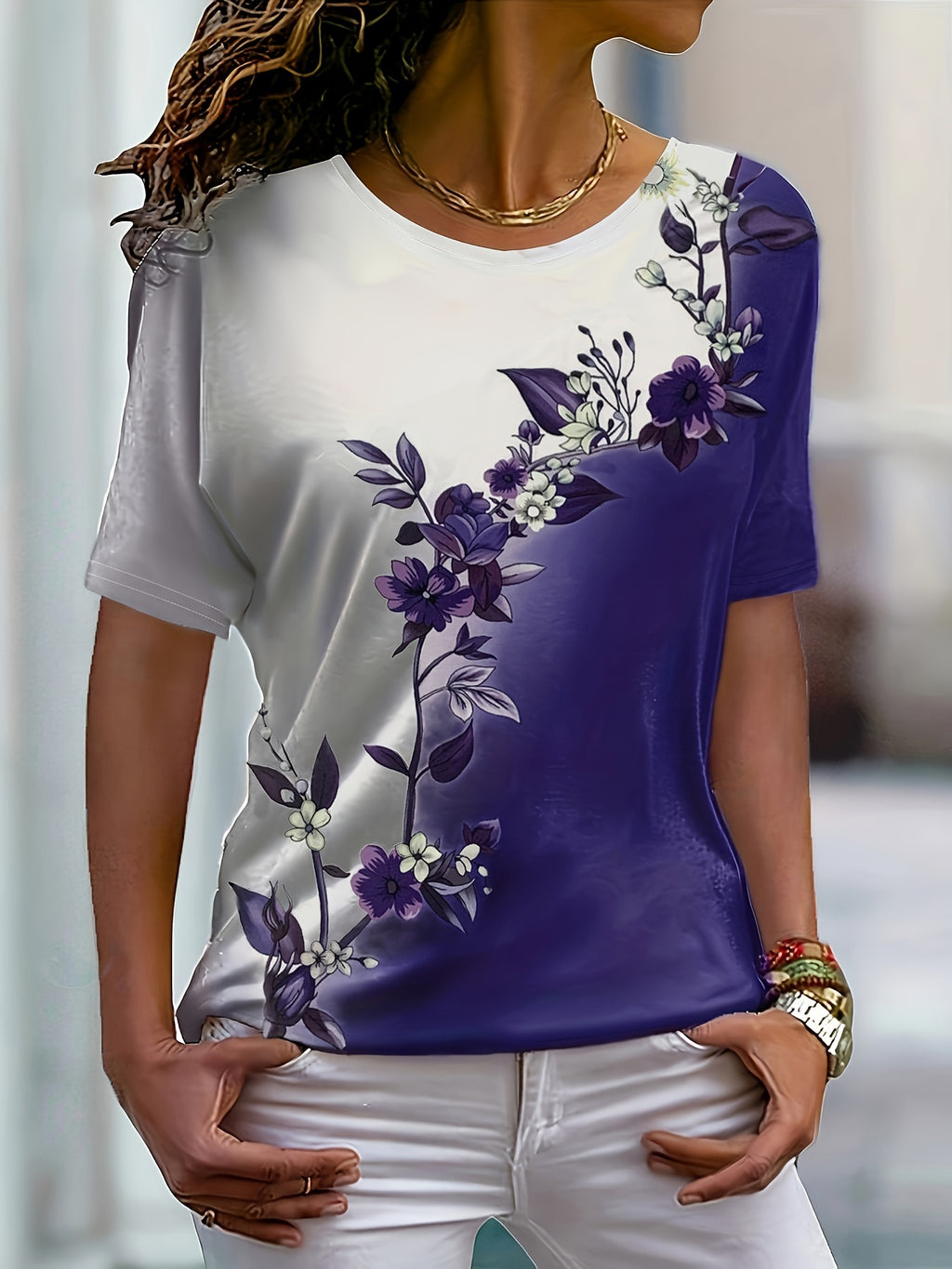 Women's Floral Print Short Sleeve T-Shirt Round Neck Slim Fit Color Block Casual Top Summer Trendy Streetwear S M L XL XXL