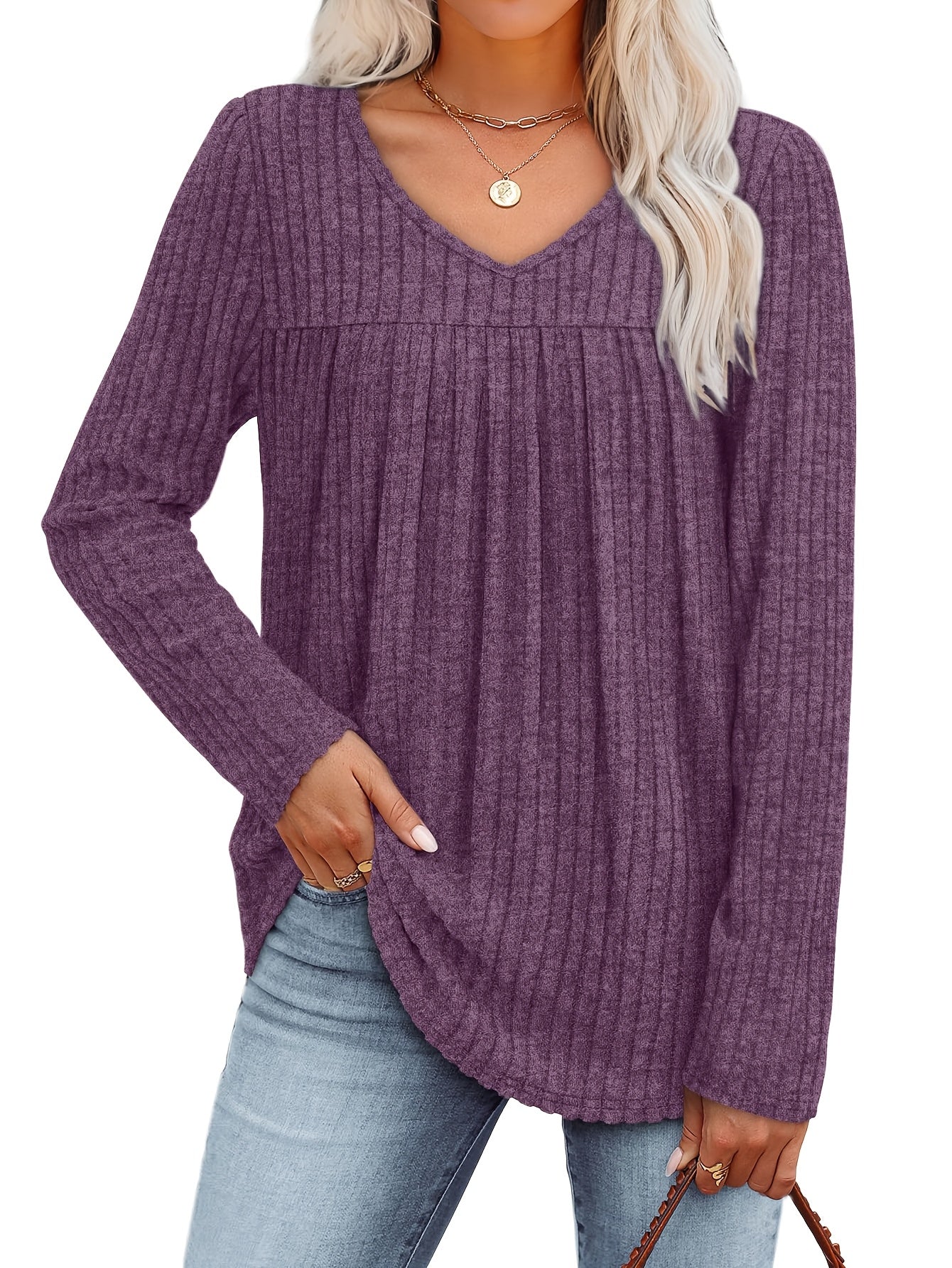 Women's V-Neck Long Sleeve Pullover Top – Lightweight Casual Front Pleat Blouse for Women, Elegant Loose Fit Dressy Shirt, Multiple Colors, Sizes S-XXL