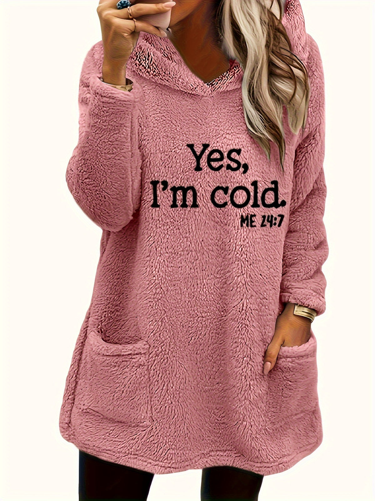 Women's "Yes I'm Cold" Teddy Bear Graphic Hooded Sweatshirt – Cozy Fleece-Lined Pullover Hoodie Double Pocket Long Sleeve 100% Polyester Fall Winter Casual Top