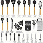 34-Piece Silicone Kitchen Utensils Set with Holder – Heat Resistant Cooking Utensils for Nonstick Cookware, Wooden Handle Spatula Set, Kitchen Gadgets & Tools, Great Father's Day Gift (Khaki/Black/Gray)