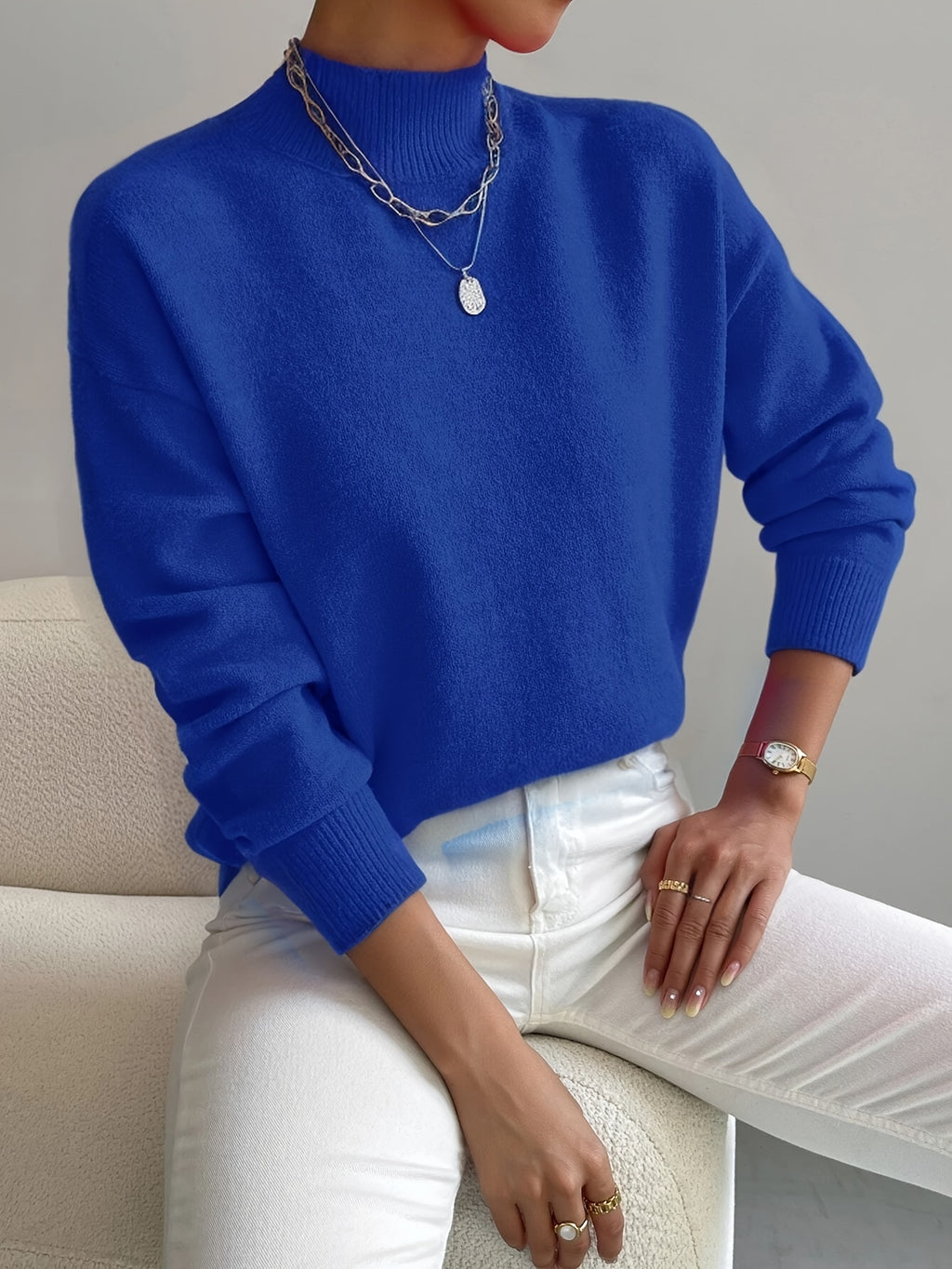 Women's Solid Color Mock Neck Drop Shoulder Pullover Sweater – Long Sleeve Knit Acrylic Blend Cozy Fall Winter Top