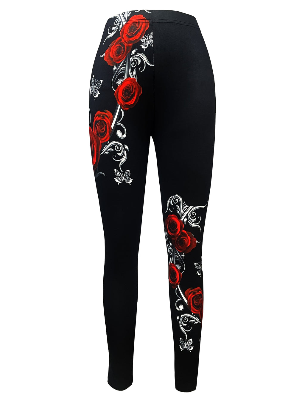 Women's Rose Print Bodycon Leggings Black Romantic Floral Sexy Curve-Hugging Stretch Pants All Season Machine Washable S M L XL XXL