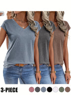 Women's 3-Pack Solid Color V-Neck T-Shirts – Soft Stretch Knit Spring & Summer Casual Tops Set, 75% Polyester 20% Viscose 5% Elastane Multi-Color Bundle