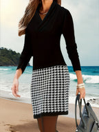 Women's V-Neck Suede Knit Dress – Color Block Micro Stretch PU Fabric Midi Dress for Fall Winter, Elegant Casual Bodycon Style, Sizes S-XXL, Black & White