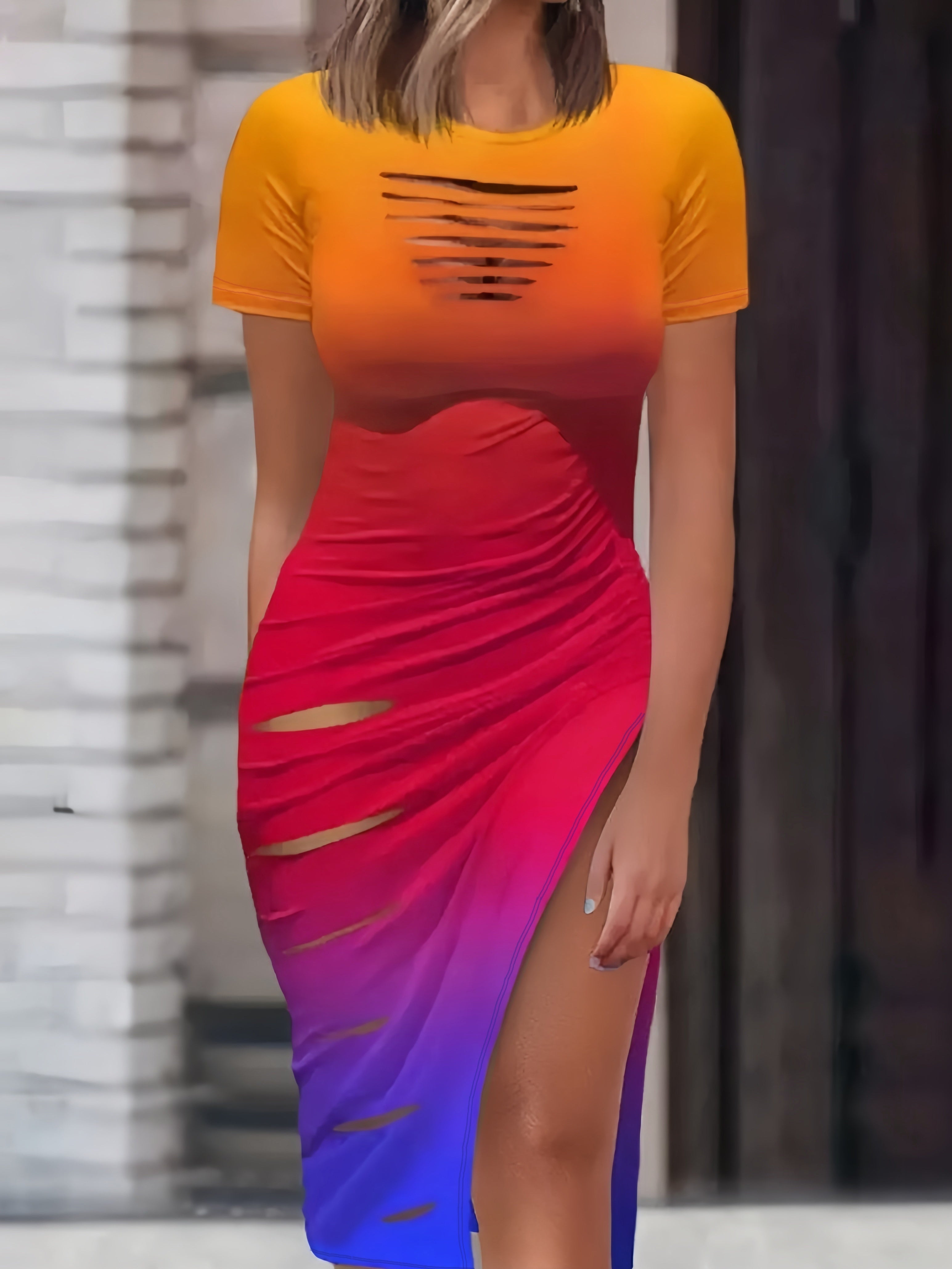 Women's Sexy Cut Out Drawstring Bodycon Dress Short Sleeve Split Hem Mini Dress Tight Fitting Summer Club Party Dress S M L XL XXL