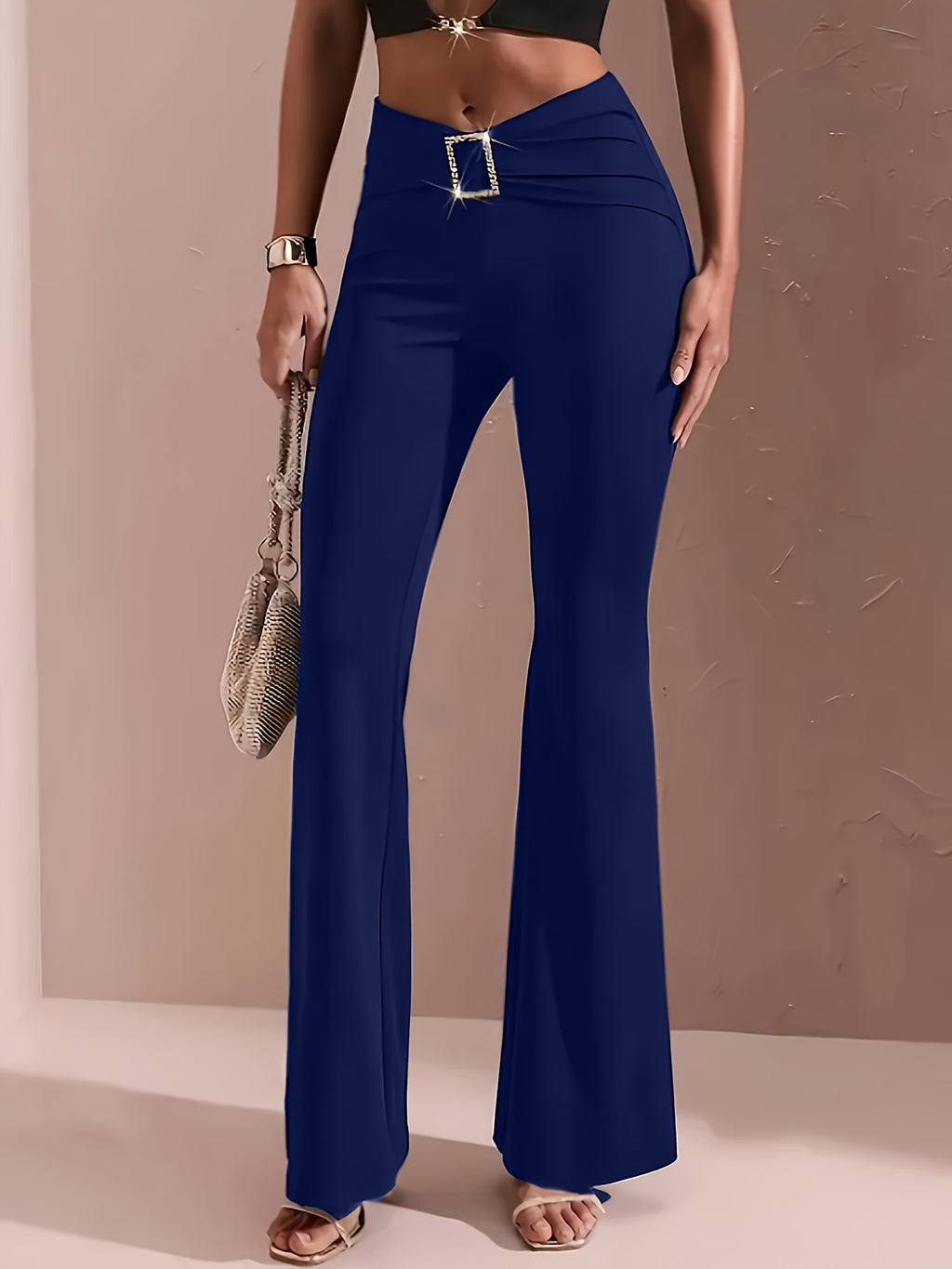 Women's High Waist Flared Wide Leg Pants Elastic Waistband Metal Chain Detail Smooth Fabric Stretchy Trousers Black Deep Red Blue S-XXL