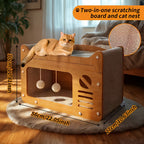 Cardboard Cat Scratching House – Durable Hideout & Bed with Feather Wand Toy, Ventilated Indoor Cat Scratcher, Available in 17.7" & 22" Sizes