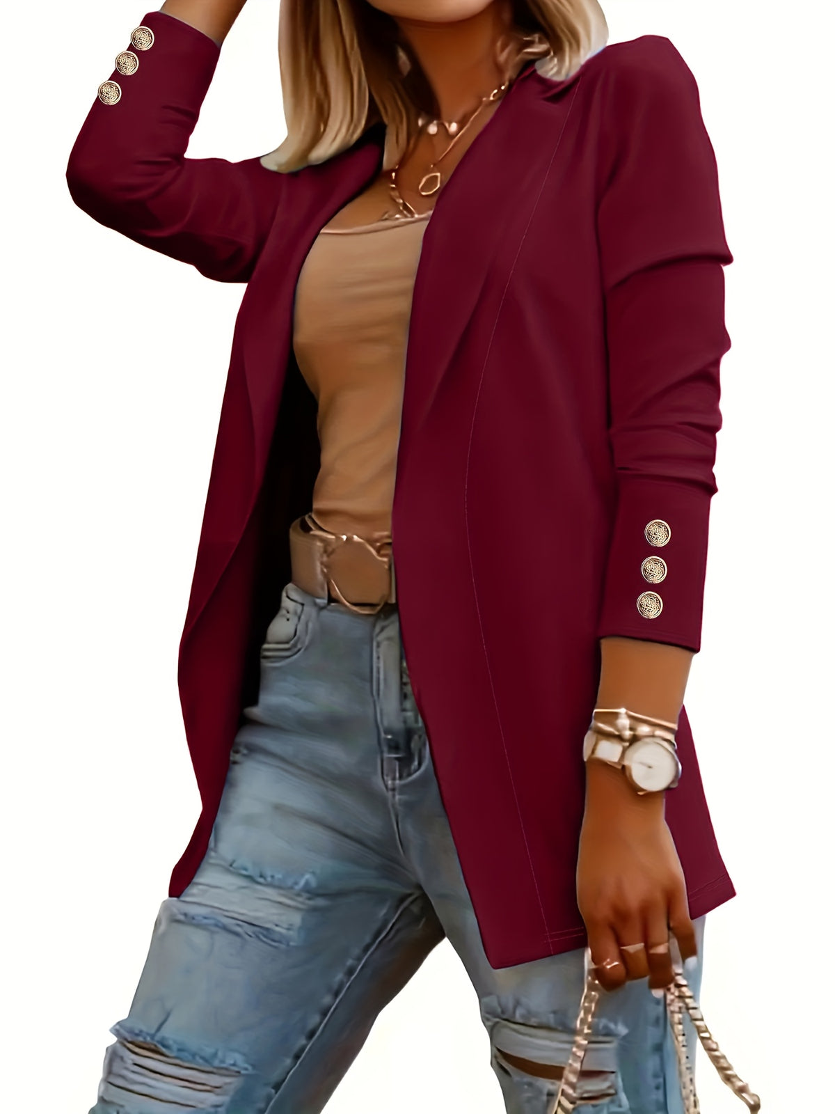 Women's Cardigan Coat Solid Color Midi Length Flap Collar Long Sleeve Decorative Button Open Front Knit Cardigan Sweater Coat