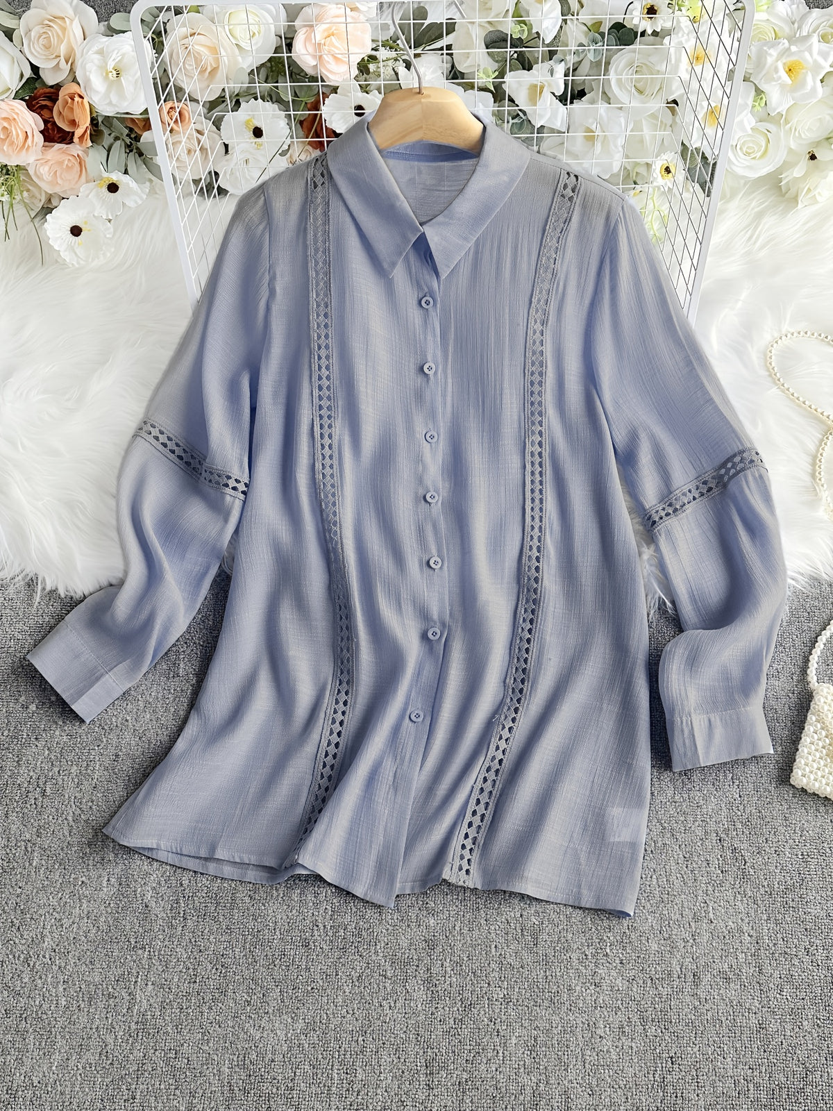 Women's Lace Patchwork Button-Up Long Sleeve Shirt Elegant Semi-Sheer Blouse White XS S M L XL XXL Vacation Date Office Fashion Top