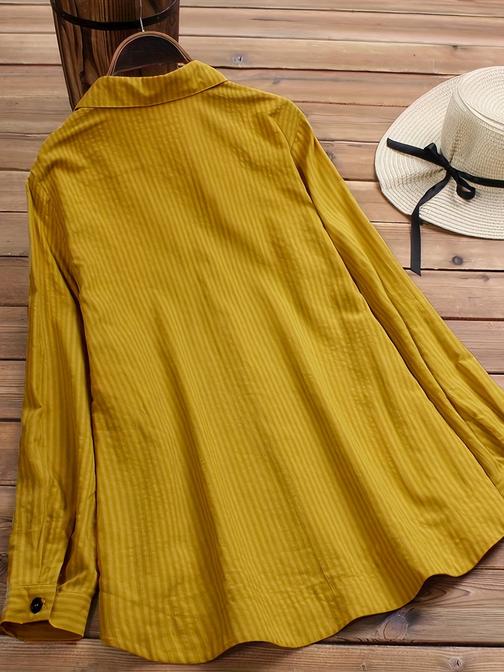 Women's Long Sleeve Striped Button-Up Shirt Lapel Collar Faux Pocket Casual Loose Blouse Top Yellow Olive Green Spring Fall S M L XL XXL