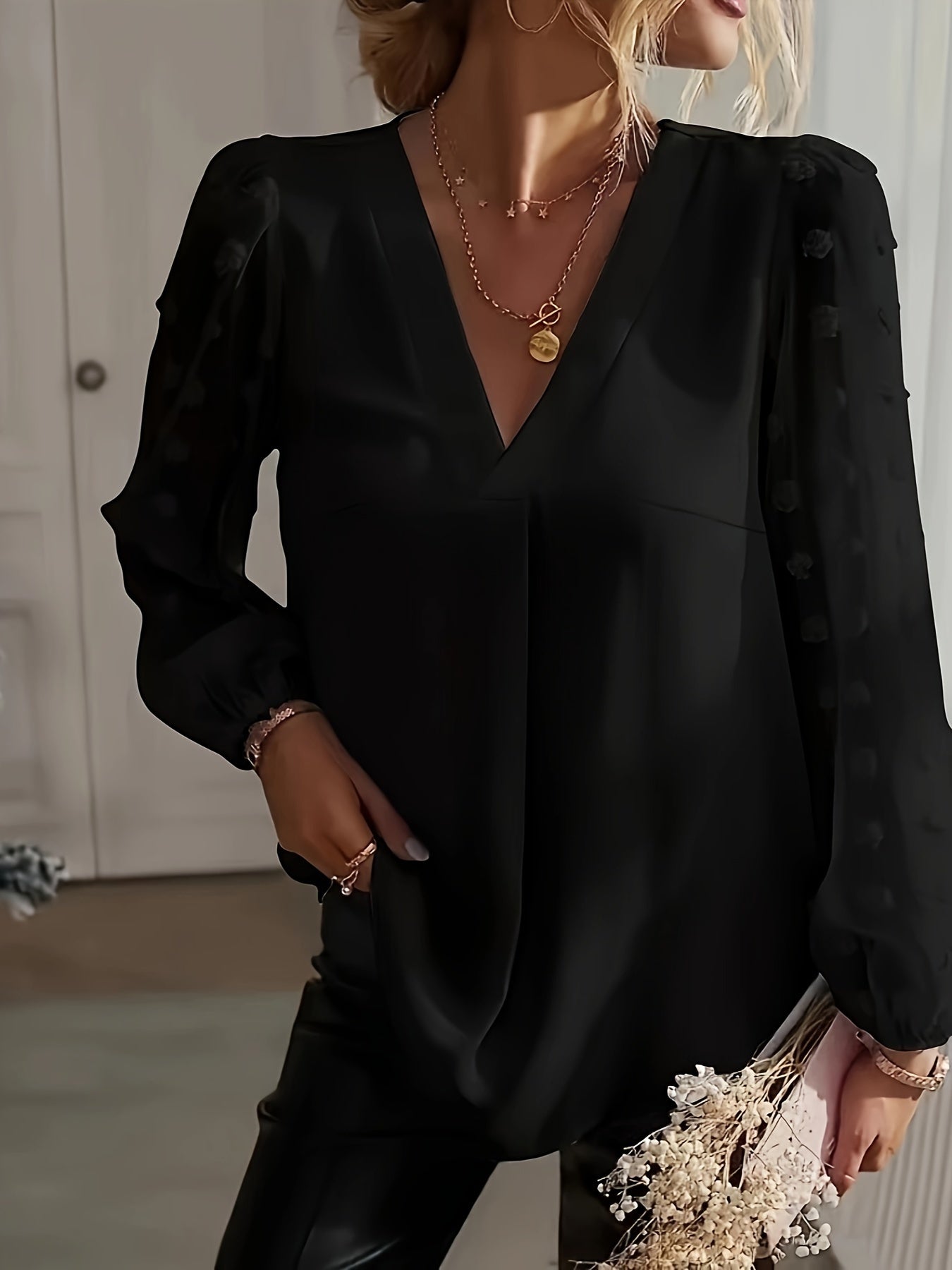 Women's Swiss Dot Patchwork Lantern Sleeve V-Neck Shirt - Elegant Flowy Blouse for Casual Office Date Night | White Black Green Gray S-XXL