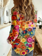 Women's Floral Print Button Down Shirt Long Sleeve - Colorful Flower Pattern V-Neck Casual Blouse with Pockets, Loose Fit Spring Summer Top, Boho Vacation Shirt S-XXL