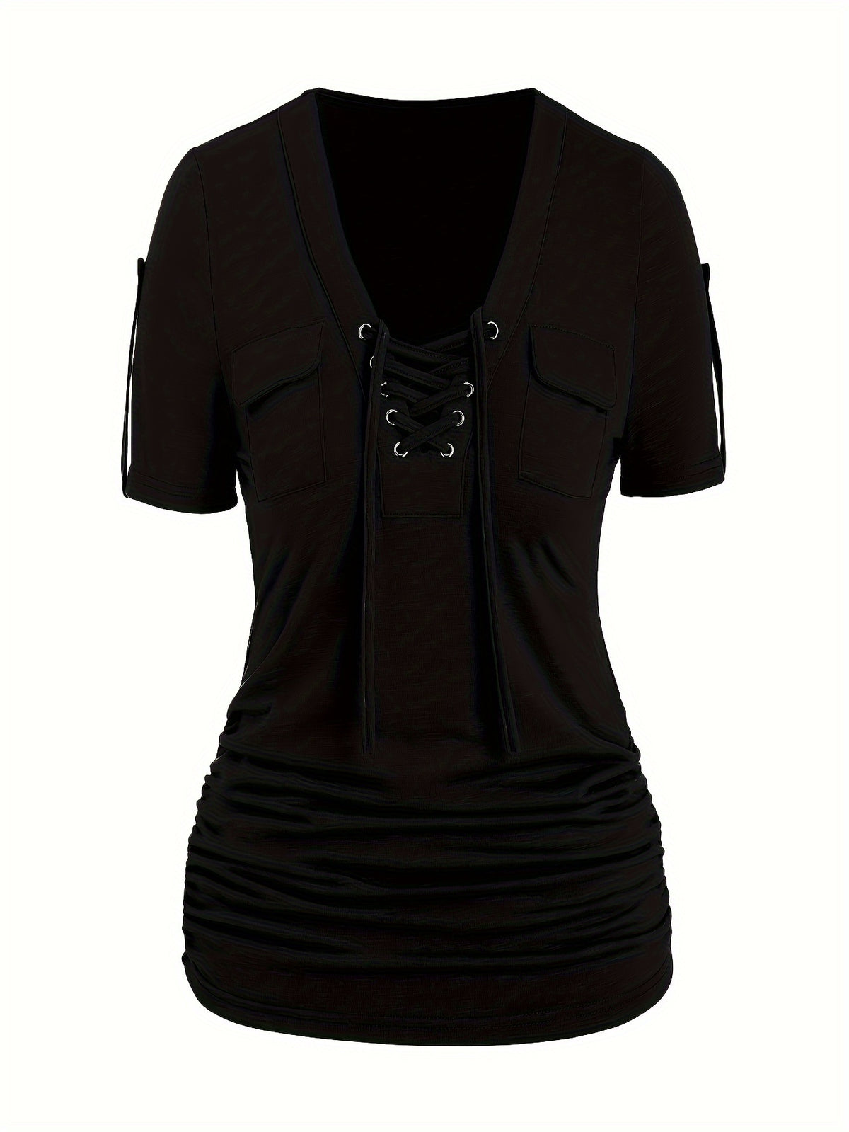 Women's Front Eyelet Strappy T-Shirt V-Neck Casual Stretch Smooth Knit Spring Summer Fall Everyday Top Trendy Cutout S M L XL XXL