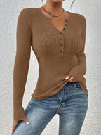 Henley Neck Half Button Ribbed Sweater Women Long Sleeve - Waist-Defining Knit Top, Fitted Base Layer, Versatile Fall Winter Pullover S M L XL