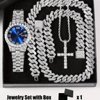 4pcs Rhinestone Watch & Cross Pendant Jewelry Set Quartz Analog Wrist Watch Necklace Bracelet Earrings Unisex Gift for Him Her Wedding