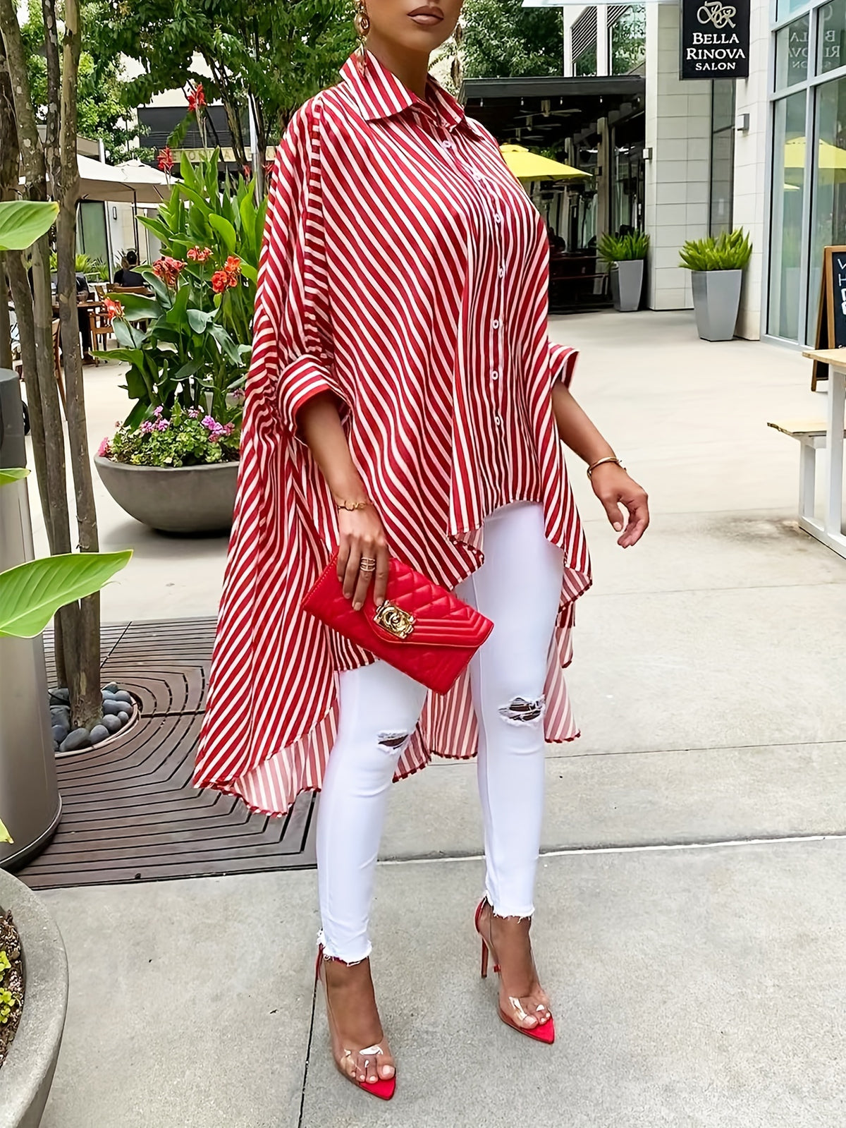Women's Casual Striped Print Shirt Front Short Back Long Hem Long Sleeve Lapel Blouse 100% Polyester S M L XL XXL Red Black White