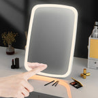 LED Makeup Mirror with Touch Sensor – 3 Lighting Modes (White, Daylight, Warm), Adjustable Brightness, Portable Folding Vanity Mirror, USB Charging, Compact Travel & Desktop Cosmetic Mirror