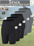 Women's High Waisted Biker Shorts 5 Pack with Pockets | Tummy Control No See-Through | 6" Inseam Workout Running Yoga Athletic Shorts | Soft Stretch | XS-XXL | Mixed Colors