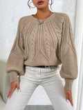Women's Chunky Lantern Sleeve Sweater Crew Neck Textured Knit Pullover Cozy Fall Winter Sweater Khaki Apricot Black S-XXL