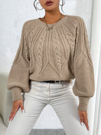 Women's Chunky Lantern Sleeve Sweater Crew Neck Textured Knit Pullover Cozy Fall Winter Sweater Khaki Apricot Black S-XXL